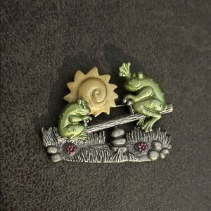 Patricia Darling Dash🐸Vintage Frogs On A Teeter-Totter In The Sun Enamel Brooch